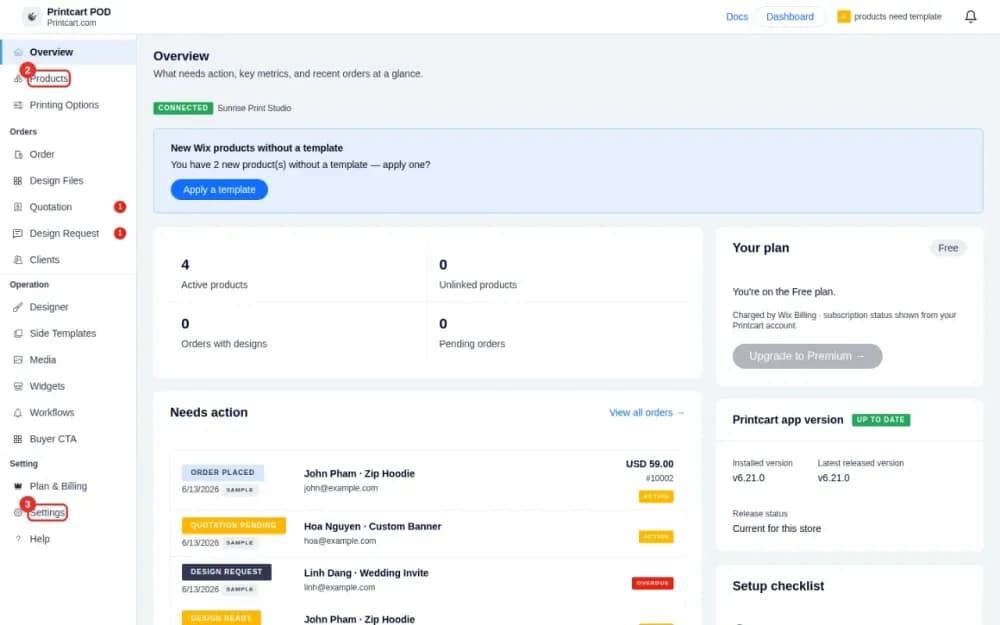Printcart dashboard Overview inside Wix with the Connected badge