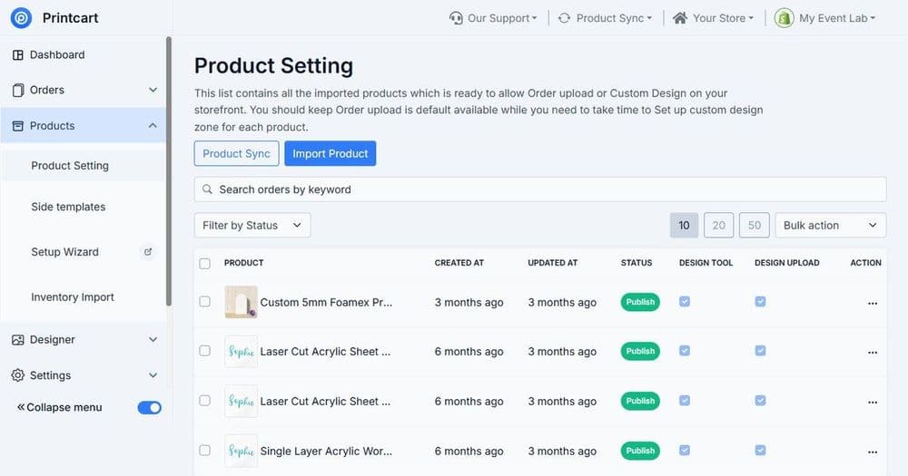 Printcart dashboard product setting list with synced catalog products