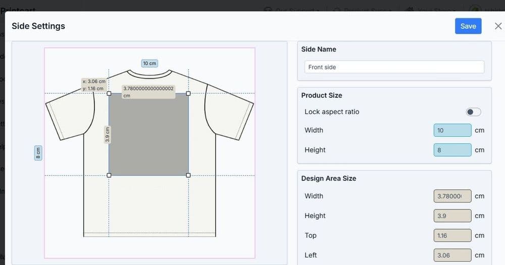 Printcart side settings editor showing the print area on a t-shirt