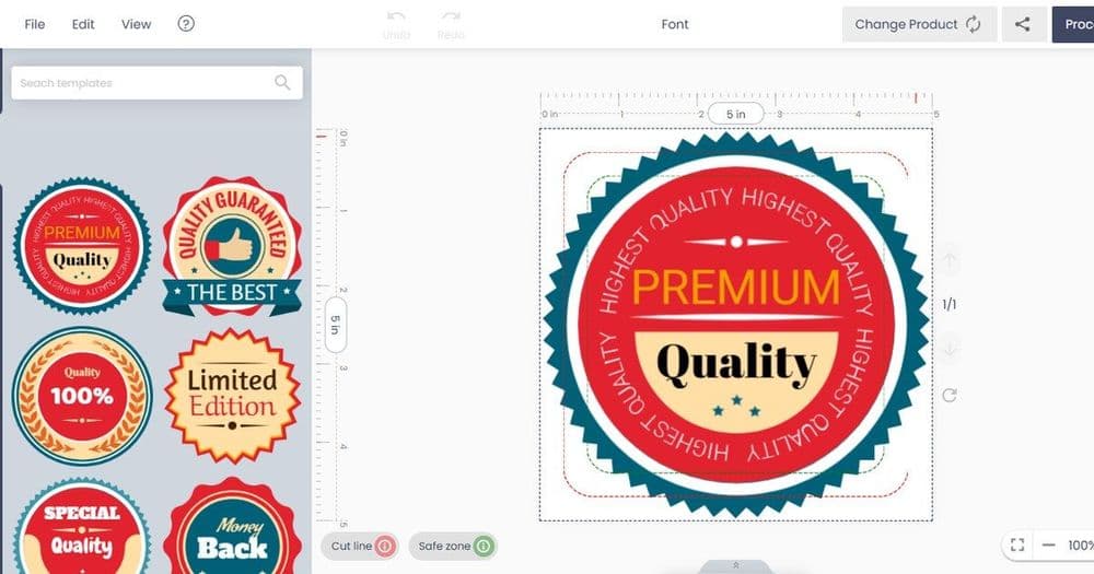 Printcart product designer canvas with a sticker design and clipart library