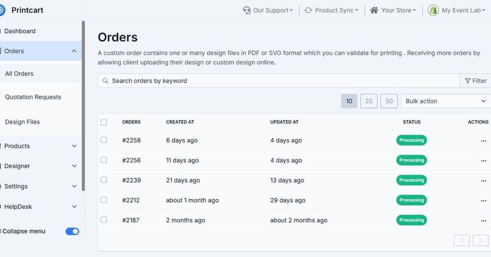 Printcart dashboard orders list for managing company print orders