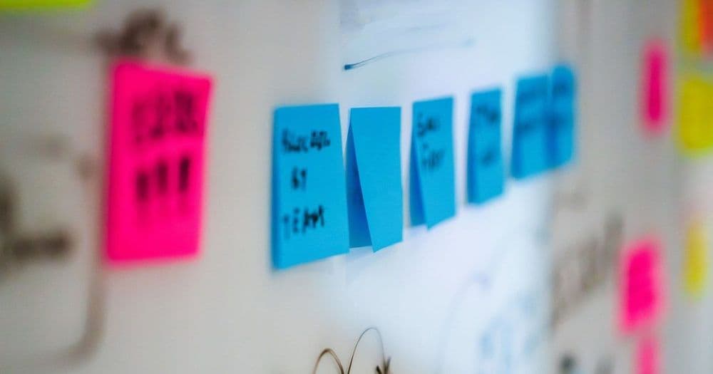 Whiteboard with colored sticky notes used to plan a business model