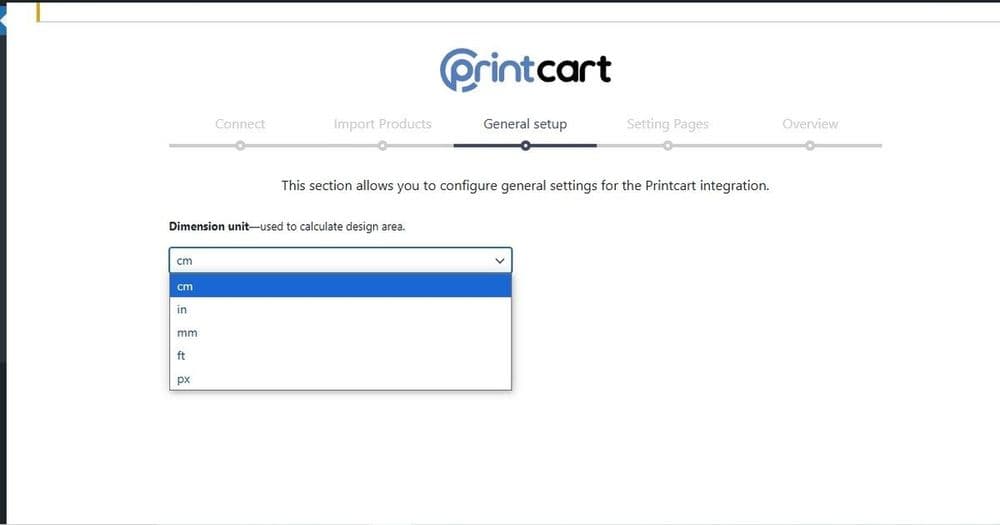 WordPress admin showing the Printcart plugin general setup step for a WooCommerce store